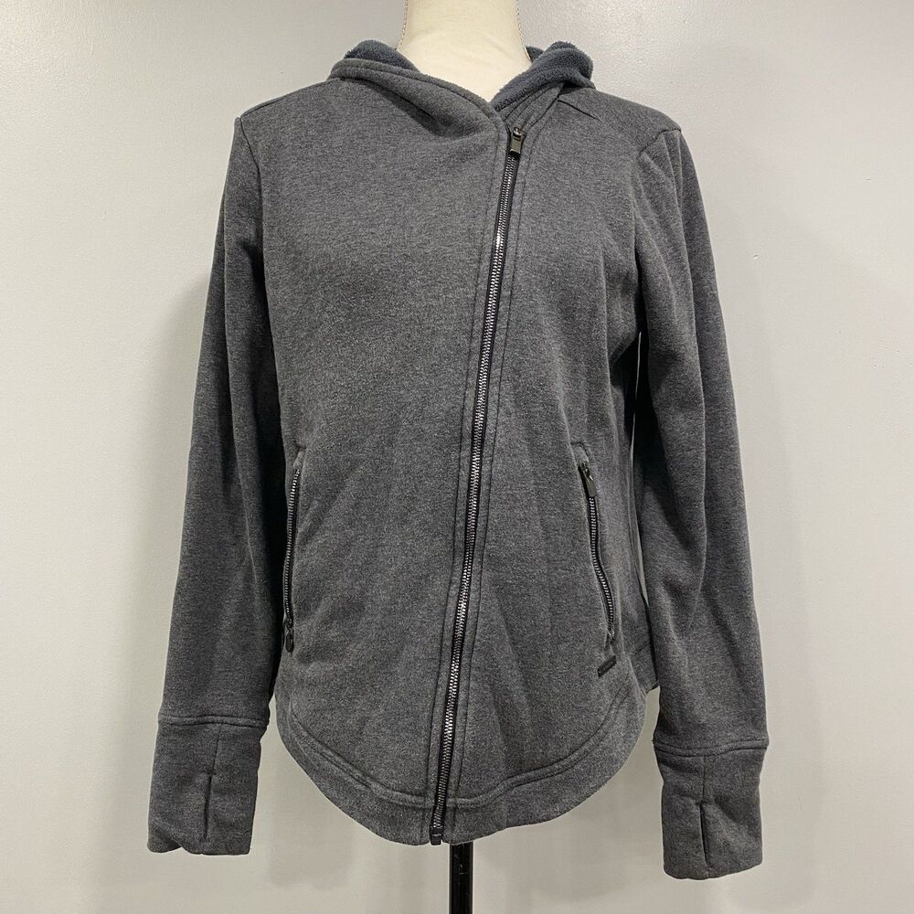 ATHLETA M Gray Easy Cozy Karma Warm Soft Asymmetrical Zip Hooded Jacket Athletic